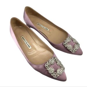 Manolo Blahnik Satin Jewel Buckle Flats Rhinestones Crystals Slip Ons Iconic